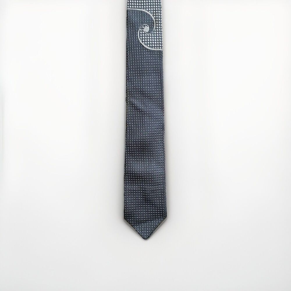 60s Gray Textured Skinny Tie Dots Abstract Swirl 54" Long Mod Cool Tone Vintage